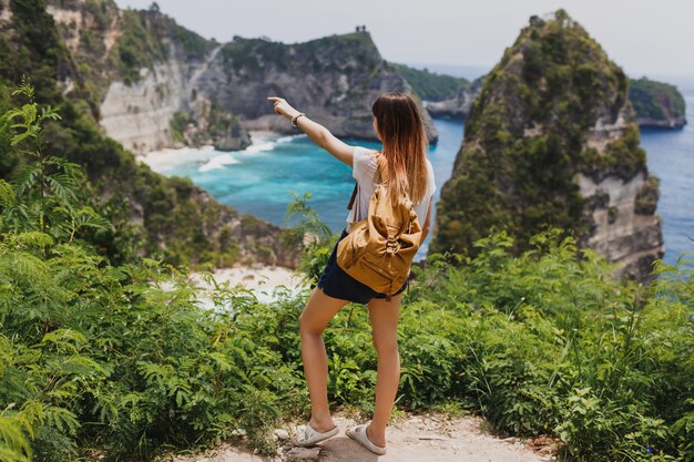 Vista posteriore della donna in viaggio in piedi su scogliere e spiaggia tropicale