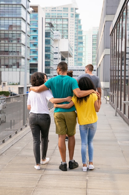 Vista posteriore di amici che camminano sulla strada