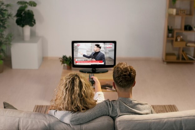 Vista posteriore di persone che guardano le notizie in tv