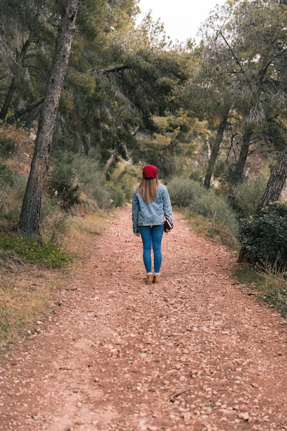 Vista posteriore di una donna in piedi sulla pista di montagna