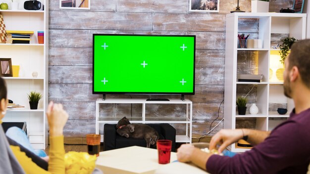 Vista posteriore di una giovane coppia seduta su sedie guardando la tv con schermo verde, mangiando popcorn con il gatto che li guarda.