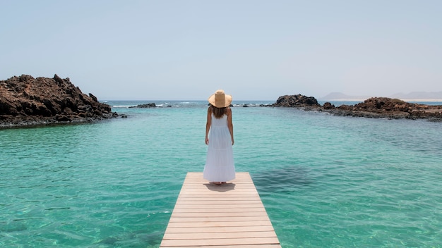 Vista posteriore giovane donna che guarda l'oceano