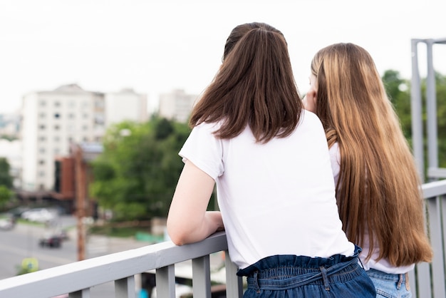 Vista posteriore migliori amiche sul balcone