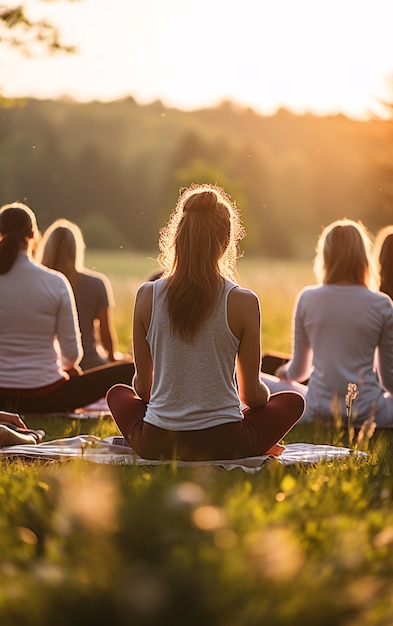 Vista posteriore persone che fanno yoga insieme