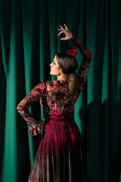 Vista posteriore splendida ballerina di flamenca alzando la mano