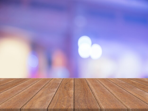 Vista prospettica vuota con parete scintillante di bokeh e pavimento in legno di plancia, Modello modellato per la visualizzazione del prodotto