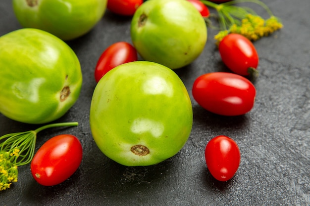 Vista ravvicinata dal basso pomodori verdi e pomodorini e fiori di aneto su sfondo scuro