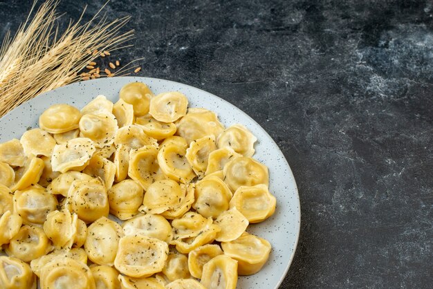 Vista ravvicinata di gnocchi fritti in un piatto bianco con punte sul lato destro su un tavolo di colore scuro con spazio libero