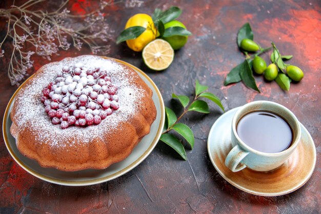 Vista ravvicinata laterale torta una torta con zucchero a velo una tazza di tè agrumi con foglie