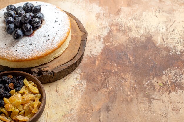 Vista ravvicinata laterale una ciotola di torta di uvetta una torta appetitosa con uva nera sul bordo