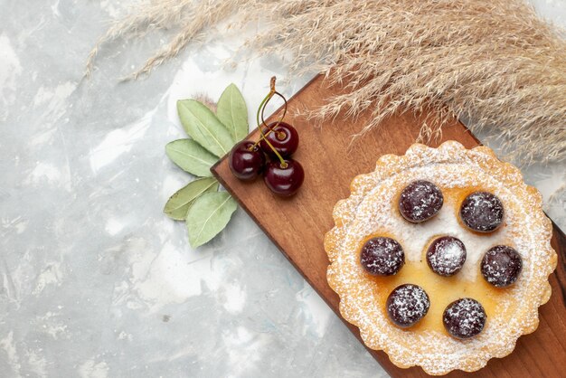 Vista ravvicinata superiore della piccola torta con frutta di zucchero in polvere su luce, dolce alla frutta crema torta