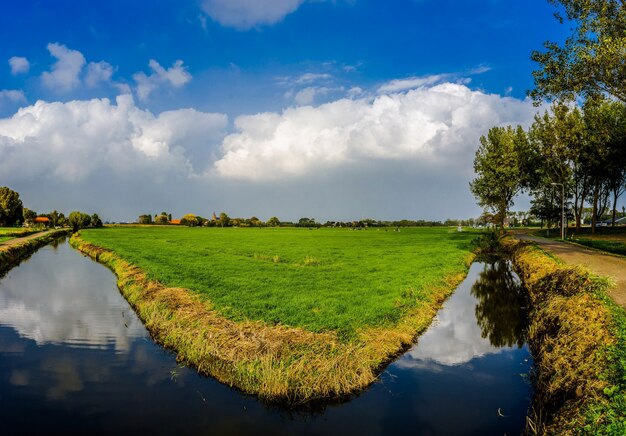 Vista sul piccolo villaggio 't Woudt in un tipico paesaggio olandese con polder.