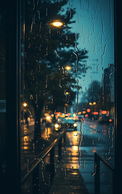 Vista sulla città con effetto gocce di pioggia