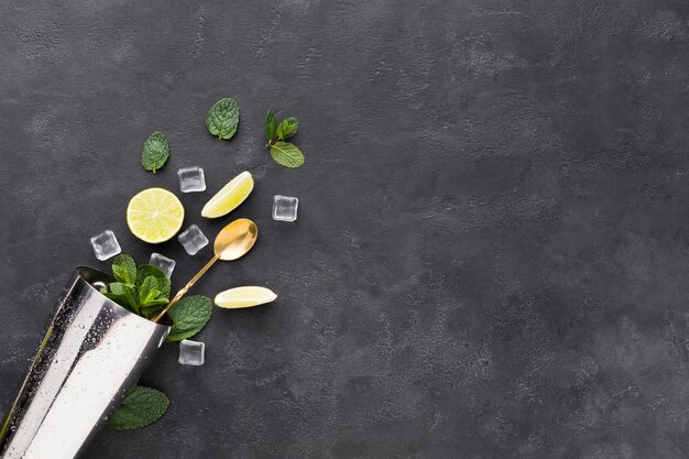 Vista superiore degli elementi essenziali del cocktail con la menta nello spazio dell'agitatore e della copia