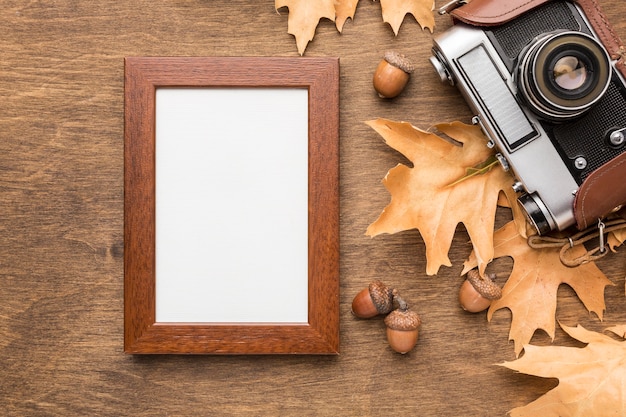 Vista superiore delle foglie di autunno con la macchina fotografica e la struttura