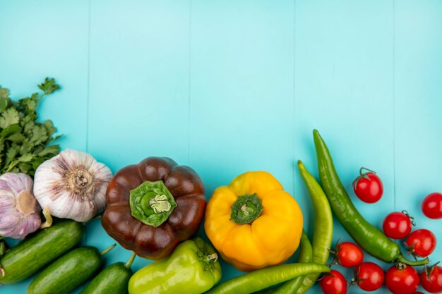 Vista superiore delle verdure come aglio e coriandolo del pepe del cetriolo del pomodoro su superficie blu