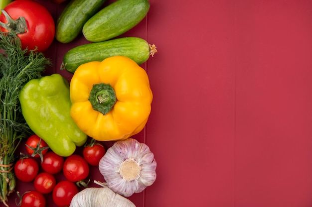 Vista superiore delle verdure come pepe ed aglio del coriandolo del pomodoro del cetriolo su superficie rossa