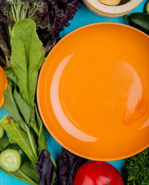 Vista superiore delle verdure come pomodoro del cetriolo del basilico degli spinaci con il piatto sul blu