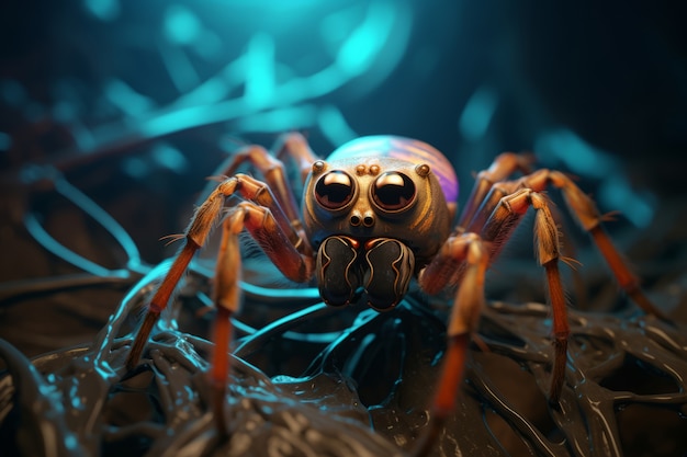 Vista tridimensionale di un ragno con gambe e cheliceri