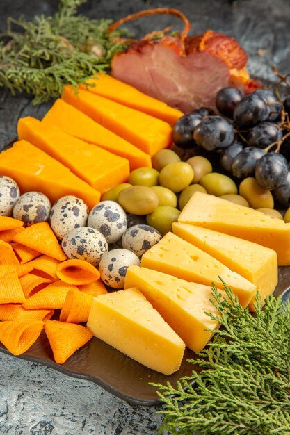 Vista verticale del miglior snack gustoso per il vino su vassoio marrone e rami di abete su sfondo di ghiaccio