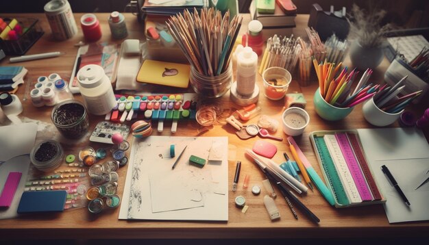 Vivaci dipinti ad acquerello su una scrivania disordinata mostrano la creatività dell'artista generata dall'intelligenza artificiale