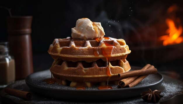 Waffle appena sfornato con frutti di bosco e sciroppo generato dall'IA