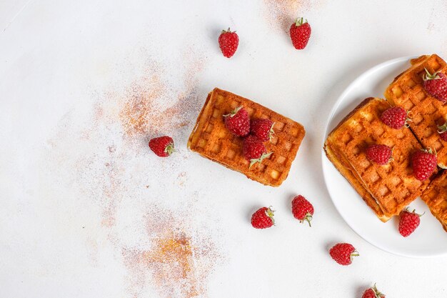 Waffle belgi con panna e lamponi freschi.