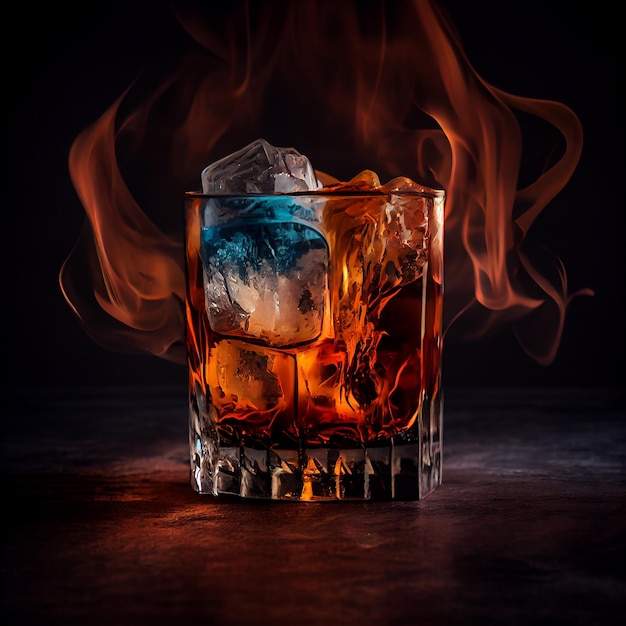 Whisky su ghiaccio in movimento di vetro incandescente IA generativa
