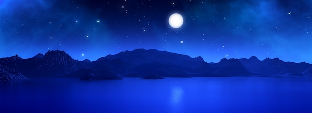 widescreen 3D rendering di un paesaggio surreale con la luna di notte