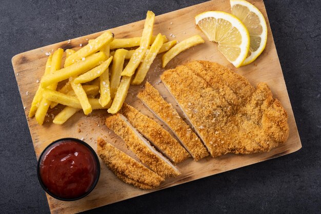 Wiener Schnitzel con patate fritte su sfondo nero