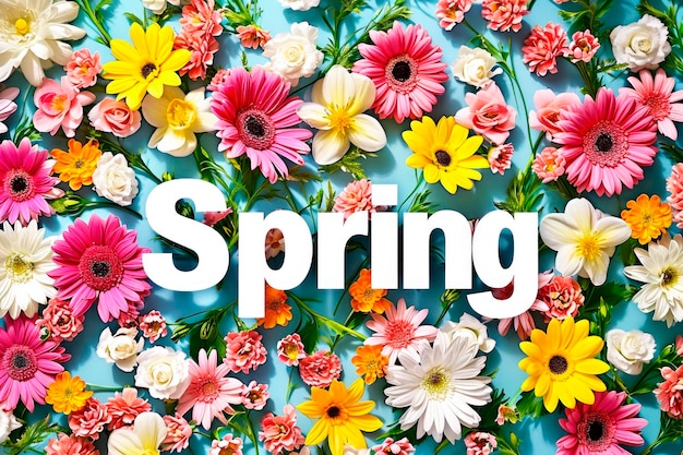 Word quotSpringquot fatto con fiori colorati su sfondo bianco