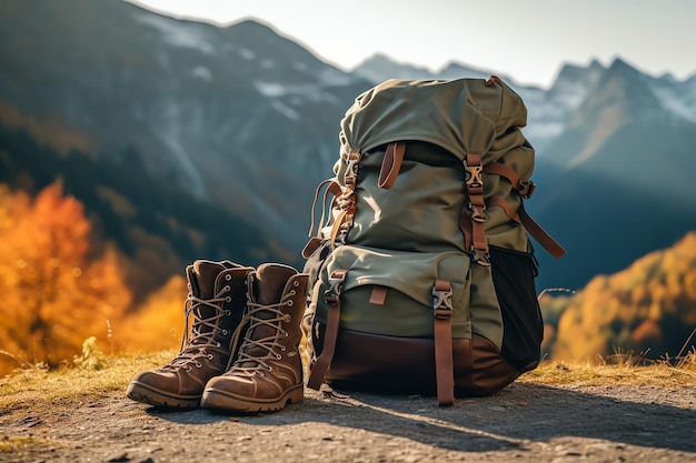 zaino e scarpe da trekking in montagna immagine generata dall'IA