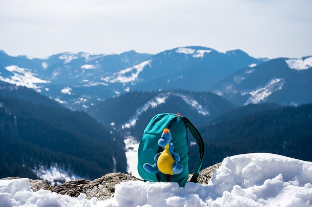 Zaino turchese in montagna invernale