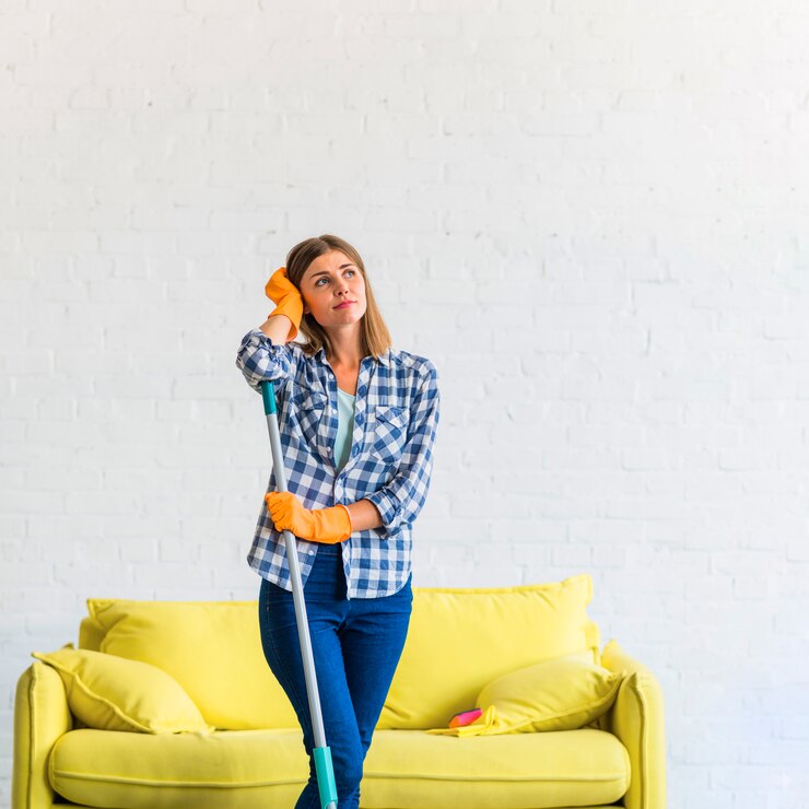 Foto gratuito zazzera contemplativa della tenuta della giovane donna che sta davanti al sofà giallo contro la parete