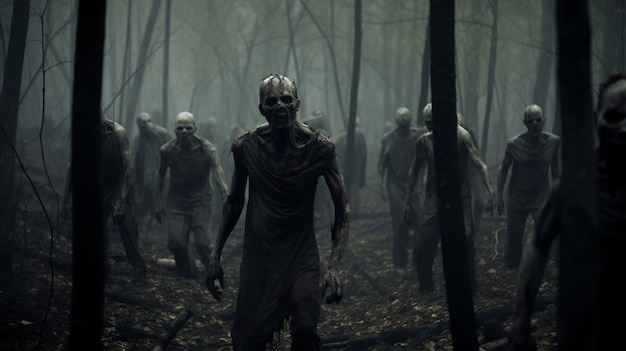 Zombie che camminano nella foresta