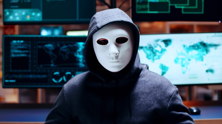Foto gratuito zoom in colpo cyber criminale che indossa una maschera bianca guardando la telecamera.