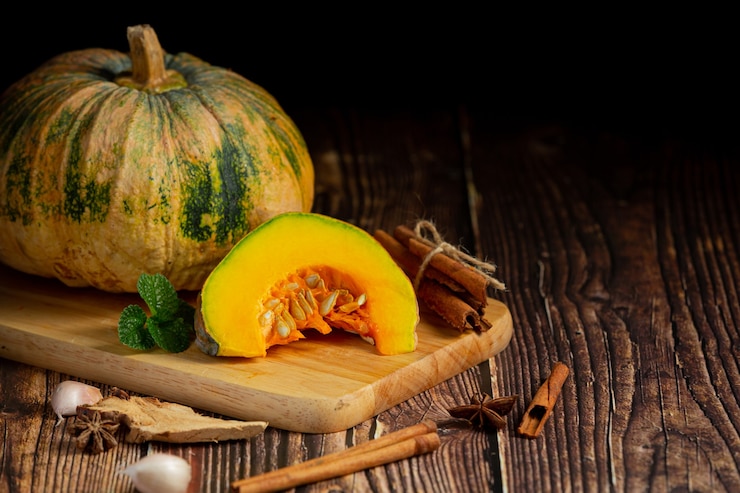 Foto gratuito zucca cruda tritata messa sul tagliere di legno