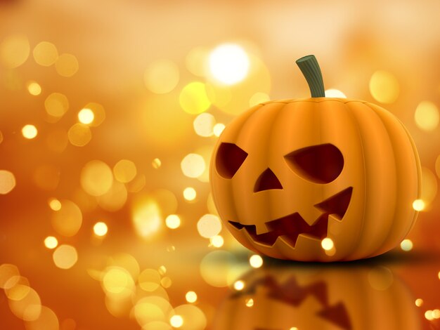 Zucca di Halloween 3D su un arancio luci di sfondo bokeh