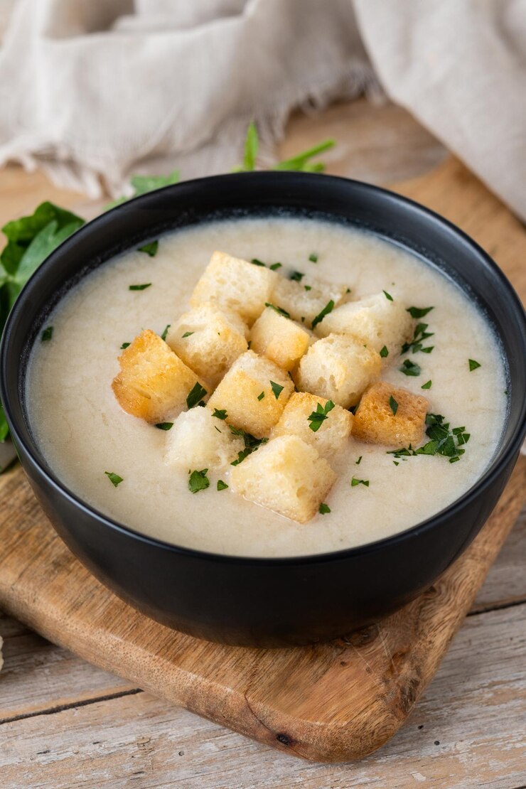 Foto gratuito zuppa di cavolfiore in una ciotola sulla tavola di legno