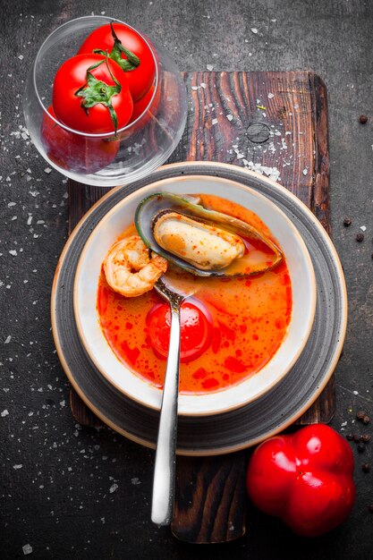 Zuppa di cozze vista dall'alto con pomodori e gamberi e cucchiaio nel piatto