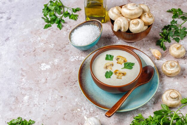 Zuppa di crema di funghi fatta in casa deliziosa, vista dall'alto