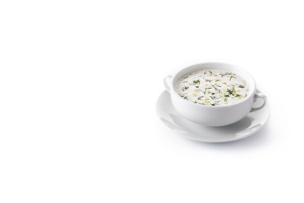 Zuppa di latte acido tarator bulgaro in una ciotola isolata su sfondo bianco