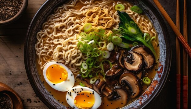 Zuppa di noodle gourmet fresca pronta da mangiare con le bacchette generate dall'intelligenza artificiale