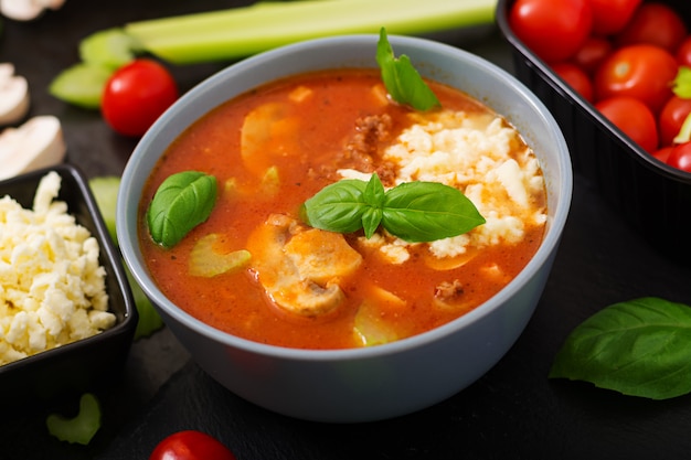 Zuppa di pomodoro densa con carne macinata di manzo, funghi e sedano.