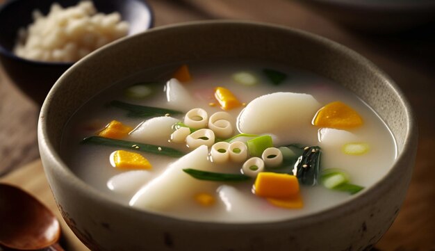 Zuppa di verdura fresca servita in ciotola di legno rustica AI generativa