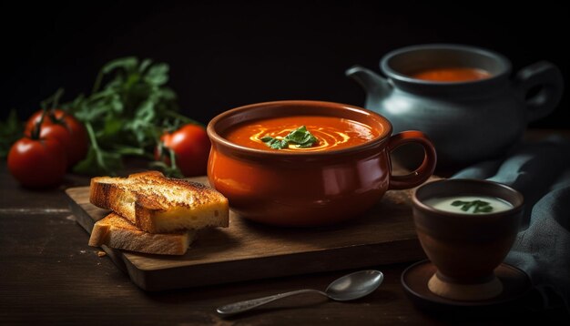 Zuppa di verdura fresca servita in stoviglie rustiche generate da AI