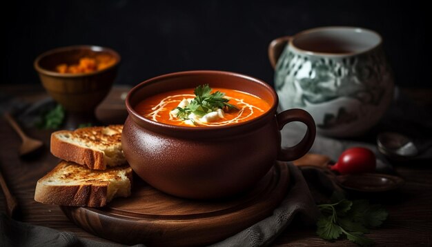 Zuppa di verdura fresca servita in stoviglie rustiche generate da AI