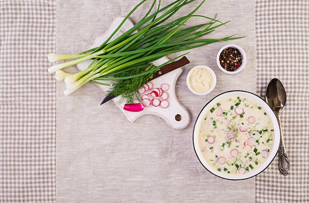 Zuppa fredda con cetrioli freschi, ravanelli, patate e salsiccia con yogurt in una ciotola. Cibo russo tradizionale - okroshka. Zuppa fredda estiva. Vista dall'alto. Disteso