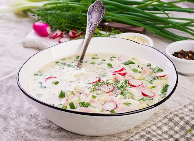 Zuppa fredda con cetrioli freschi, ravanelli, patate e salsiccia con yogurt in una ciotola