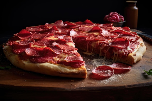 1 fetta di pizza al salame sollevata